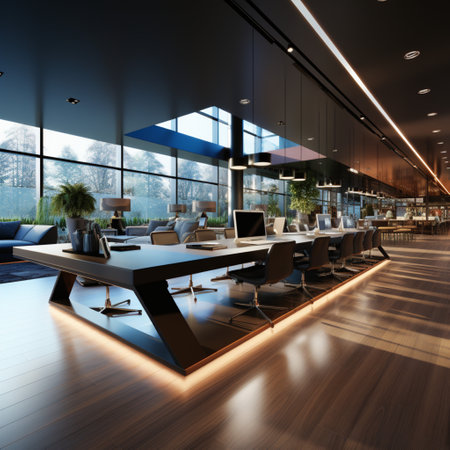 Interior design Modern Creative office foyer, Corporate open workspace, Coworking office room, AI Generativeの素材