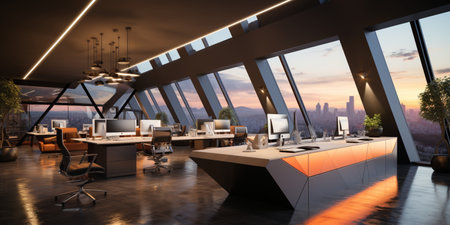 Interior design Modern Creative office foyer, Corporate open workspace, Coworking office room, AI Generativeの素材