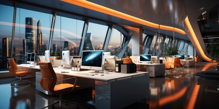 Interior design Modern Creative office foyer, Corporate open workspace, Coworking office room, AI Generativeの素材