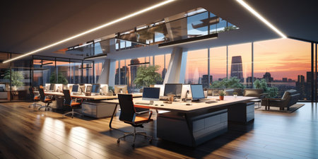Interior design Modern Creative office foyer, Corporate open workspace, Coworking office room, AI Generativeの素材