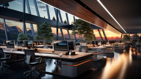 Interior design Modern Creative office foyer, Corporate open workspace, Coworking office room, AI Generativeの素材