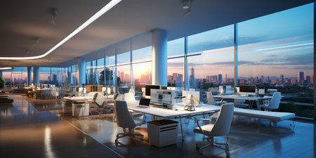 Interior design Modern Creative office foyer, Corporate open workspace, Coworking office room, AI Generativeの素材