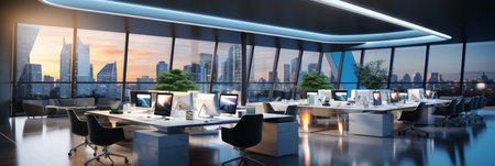 Interior design Modern Creative office foyer, Corporate open workspace, Coworking office room, AI Generativeの素材