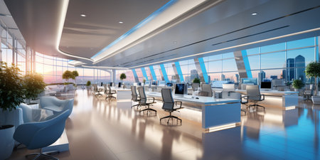 Interior design Modern Creative office foyer, Corporate open workspace, Coworking office room, AI Generativeの素材