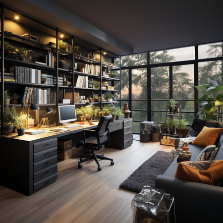 Interior design modern home office, Comfortable workplace, desk with computer monitor, stylish study room, beautiful home studio, AI Generativeの素材