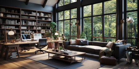 Interior design modern home office, Comfortable workplace, desk with computer monitor, stylish study room, beautiful home studio, AI Generativeの素材