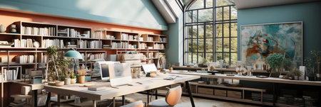 Interior design modern home office, Comfortable workplace, desk with computer monitor, stylish study room, beautiful home studio, AI Generativeの素材