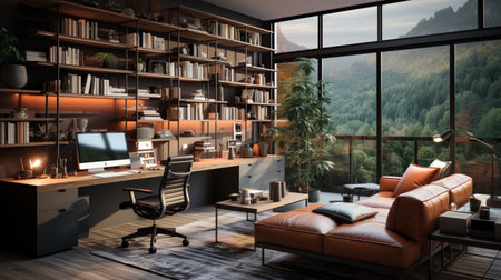 Interior design modern home office, Comfortable workplace, desk with computer monitor, stylish study room, beautiful home studio, AI Generativeの素材