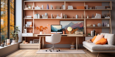 Interior design modern home office, Comfortable workplace, desk with computer monitor, stylish study room, beautiful home studio, AI Generativeの素材