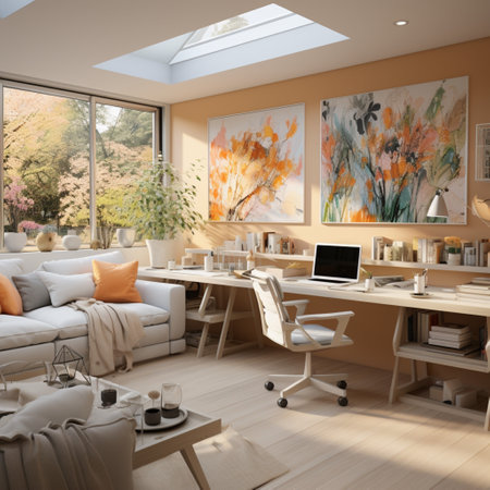 Interior design modern home office, Comfortable workplace, desk with computer monitor, stylish study room, beautiful home studio, AI Generativeの素材
