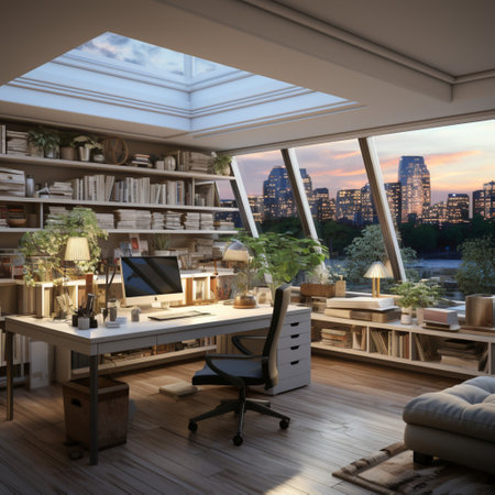 Interior design modern home office, Comfortable workplace, desk with computer monitor, stylish study room, beautiful home studio, AI Generativeの素材