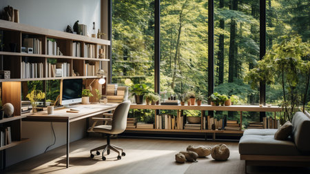 Interior design modern home office, Comfortable workplace, desk with computer monitor, stylish study room, beautiful home studio, AI Generativeの素材