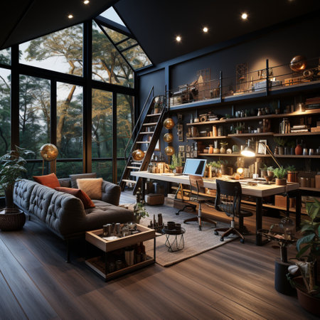 Interior design modern home office, Comfortable workplace, desk with computer monitor, stylish study room, beautiful home studio, AI Generativeの素材
