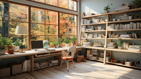 Interior design modern home office, Comfortable workplace, desk with computer monitor, stylish study room, beautiful home studio, AI Generativeの素材
