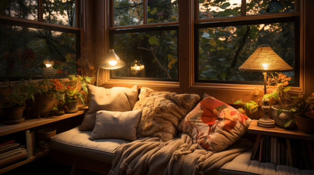 Interior Design Cozy modern Reading Nook, Warm light Radiate peaceful and serene atmosphere, home decoration in a country house, comfort at home, AI Generativeの素材