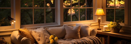 Interior Design Cozy modern Reading Nook, Warm light Radiate peaceful and serene atmosphere, home decoration in a country house, comfort at home, AI Generativeの素材