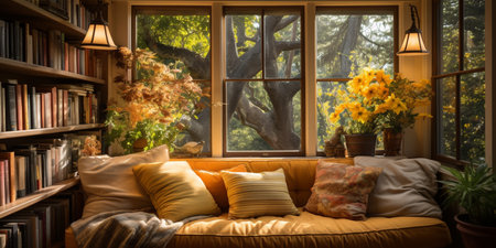 Interior Design Cozy modern Reading Nook, Warm light Radiate peaceful and serene atmosphere, home decoration in a country house, comfort at home, AI Generativeの素材