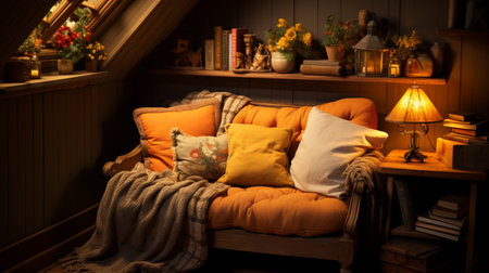 Interior Design Cozy modern Reading Nook, Warm light Radiate peaceful and serene atmosphere, home decoration in a country house, comfort at home, AI Generativeの素材