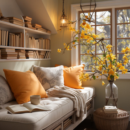 Interior Design Cozy modern Reading Nook, Warm light Radiate peaceful and serene atmosphere, home decoration in a country house, comfort at home, AI Generativeの素材