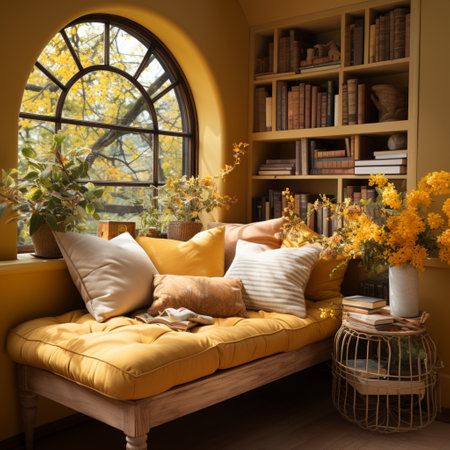 Interior Design Cozy modern Reading Nook, Warm light Radiate peaceful and serene atmosphere, home decoration in a country house, comfort at home, AI Generativeの素材