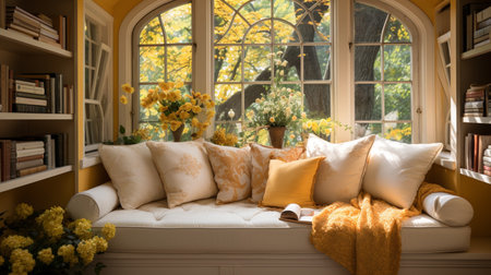 Interior Design Cozy modern Reading Nook, Warm light Radiate peaceful and serene atmosphere, home decoration in a country house, comfort at home, AI Generativeの素材