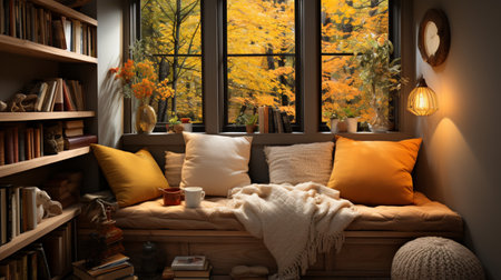 Interior Design Cozy modern Reading Nook, Warm light Radiate peaceful and serene atmosphere, home decoration in a country house, comfort at home, AI Generativeの素材