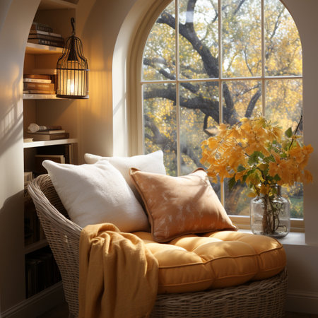 Interior Design Cozy modern Reading Nook, Warm light Radiate peaceful and serene atmosphere, home decoration in a country house, comfort at home, AI Generativeの素材