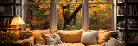 Interior Design Cozy modern Reading Nook, Warm light Radiate peaceful and serene atmosphere, home decoration in a country house, comfort at home, AI Generativeの素材