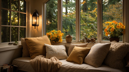 Interior Design Cozy modern Reading Nook, Warm light Radiate peaceful and serene atmosphere, home decoration in a country house, comfort at home, AI Generativeの素材