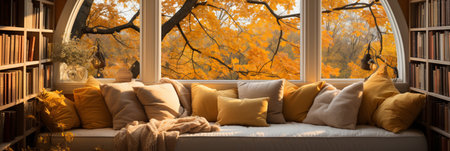 Interior Design Cozy modern Reading Nook, Warm light Radiate peaceful and serene atmosphere, home decoration in a country house, comfort at home, AI Generativeの素材