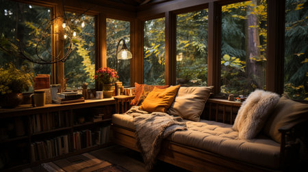 Interior Design Cozy modern Reading Nook, Warm light Radiate peaceful and serene atmosphere, home decoration in a country house, comfort at home, AI Generativeの素材