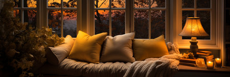 Interior Design Cozy modern Reading Nook, Warm light Radiate peaceful and serene atmosphere, home decoration in a country house, comfort at home, AI Generativeの素材