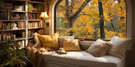 Interior Design Cozy modern Reading Nook, Warm light Radiate peaceful and serene atmosphere, home decoration in a country house, comfort at home, AI Generativeの素材