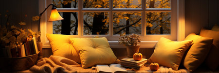 Interior Design Cozy modern Reading Nook, Warm light Radiate peaceful and serene atmosphere, home decoration in a country house, comfort at home, AI Generativeの素材