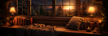 Interior Design Cozy modern Reading Nook, Warm light Radiate peaceful and serene atmosphere, home decoration in a country house, comfort at home, AI Generativeの素材