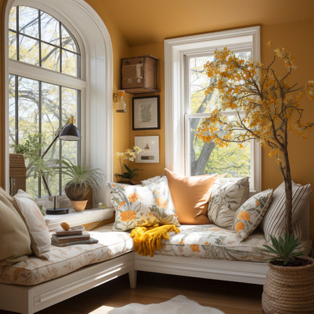 Interior Design Cozy modern Reading Nook, Warm light Radiate peaceful and serene atmosphere, home decoration in a country house, comfort at home, AI Generativeの素材