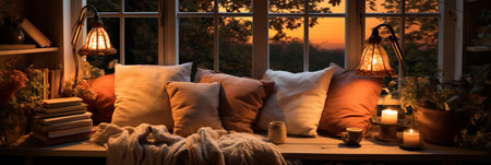 Interior Design Cozy modern Reading Nook, Warm light Radiate peaceful and serene atmosphere, home decoration in a country house, comfort at home, AI Generativeの素材