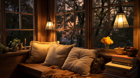 Interior Design Cozy modern Reading Nook, Warm light Radiate peaceful and serene atmosphere, home decoration in a country house, comfort at home, AI Generativeの素材