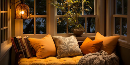 Interior Design Cozy modern Reading Nook, Warm light Radiate peaceful and serene atmosphere, home decoration in a country house, comfort at home, AI Generativeの素材