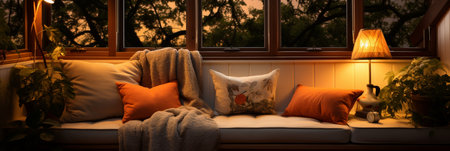 Interior Design Cozy modern Reading Nook, Warm light Radiate peaceful and serene atmosphere, home decoration in a country house, comfort at home, AI Generativeの素材