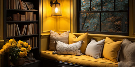 Interior Design Cozy modern Reading Nook, Warm light Radiate peaceful and serene atmosphere, home decoration in a country house, comfort at home, AI Generativeの素材