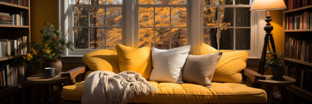 Interior Design Cozy modern Reading Nook, Warm light Radiate peaceful and serene atmosphere, home decoration in a country house, comfort at home, AI Generativeの素材