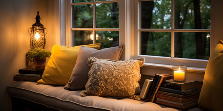 Interior Design Cozy modern Reading Nook, Warm light Radiate peaceful and serene atmosphere, home decoration in a country house, comfort at home, AI Generativeの素材