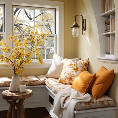 Interior Design Cozy modern Reading Nook, Warm light Radiate peaceful and serene atmosphere, home decoration in a country house, comfort at home, AI Generativeの素材