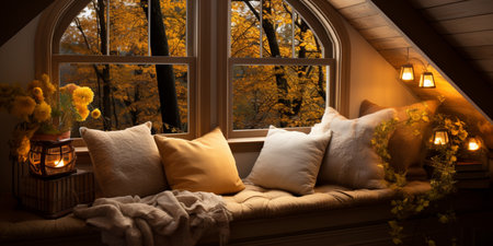 Interior Design Cozy modern Reading Nook, Warm light Radiate peaceful and serene atmosphere, home decoration in a country house, comfort at home, AI Generativeの素材
