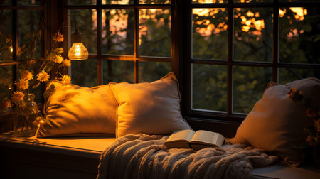 Interior Design Cozy modern Reading Nook, Warm light Radiate peaceful and serene atmosphere, home decoration in a country house, comfort at home, AI Generativeの素材