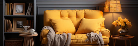 Interior Design Cozy modern Reading Nook, Warm light Radiate peaceful and serene atmosphere, home decoration in a country house, comfort at home, AI Generativeの素材