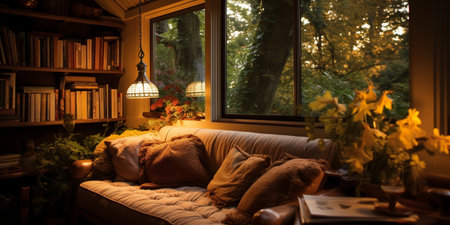 Interior Design Cozy modern Reading Nook, Warm light Radiate peaceful and serene atmosphere, home decoration in a country house, comfort at home, AI Generativeの素材
