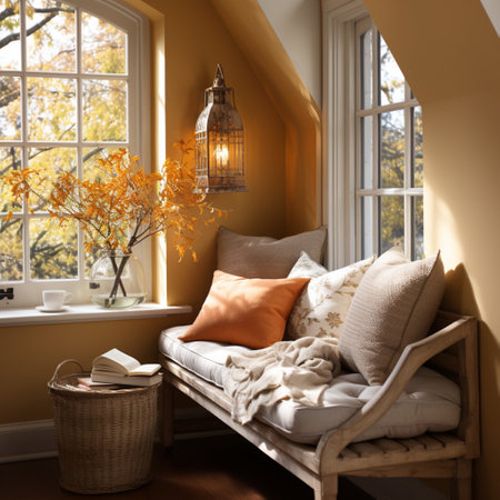 Interior Design Cozy modern Reading Nook, Warm light Radiate peaceful and serene atmosphere, home decoration in a country house, comfort at home, AI Generativeの素材