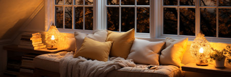 Interior Design Cozy modern Reading Nook, Warm light Radiate peaceful and serene atmosphere, home decoration in a country house, comfort at home, AI Generativeの素材